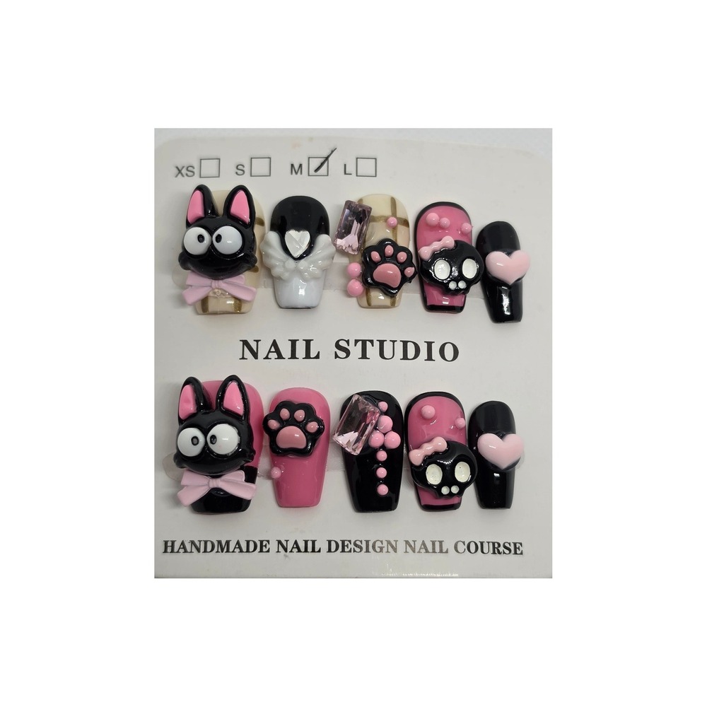 Handmade 3D Black Cat Press On Nails Pink Kawaii Goth Paw Skull Size M - Picture 2 of 5